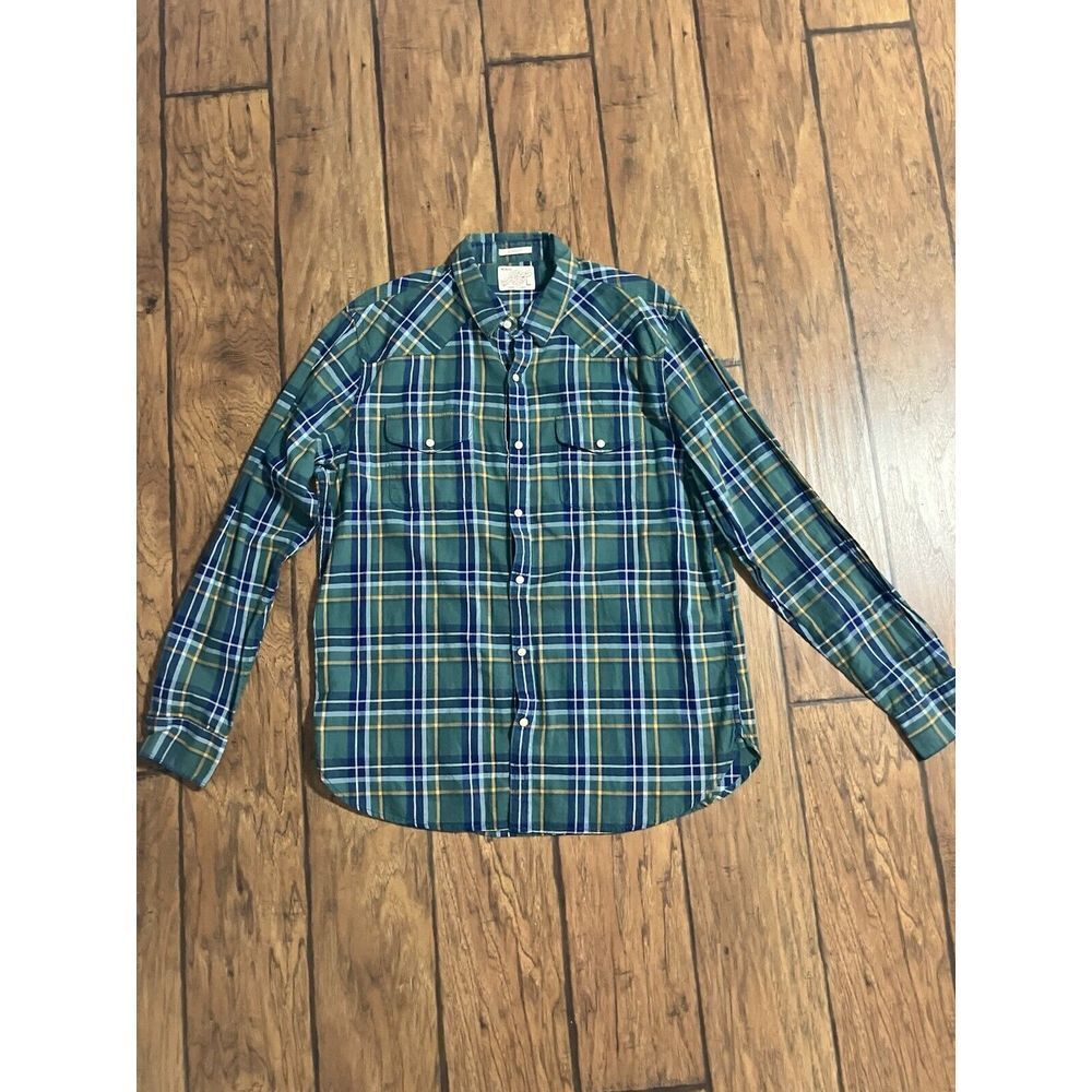 Lucky Brand Mens Pearl Snap Western‎ Plaid Button Green Down Classic Fit Shirt L